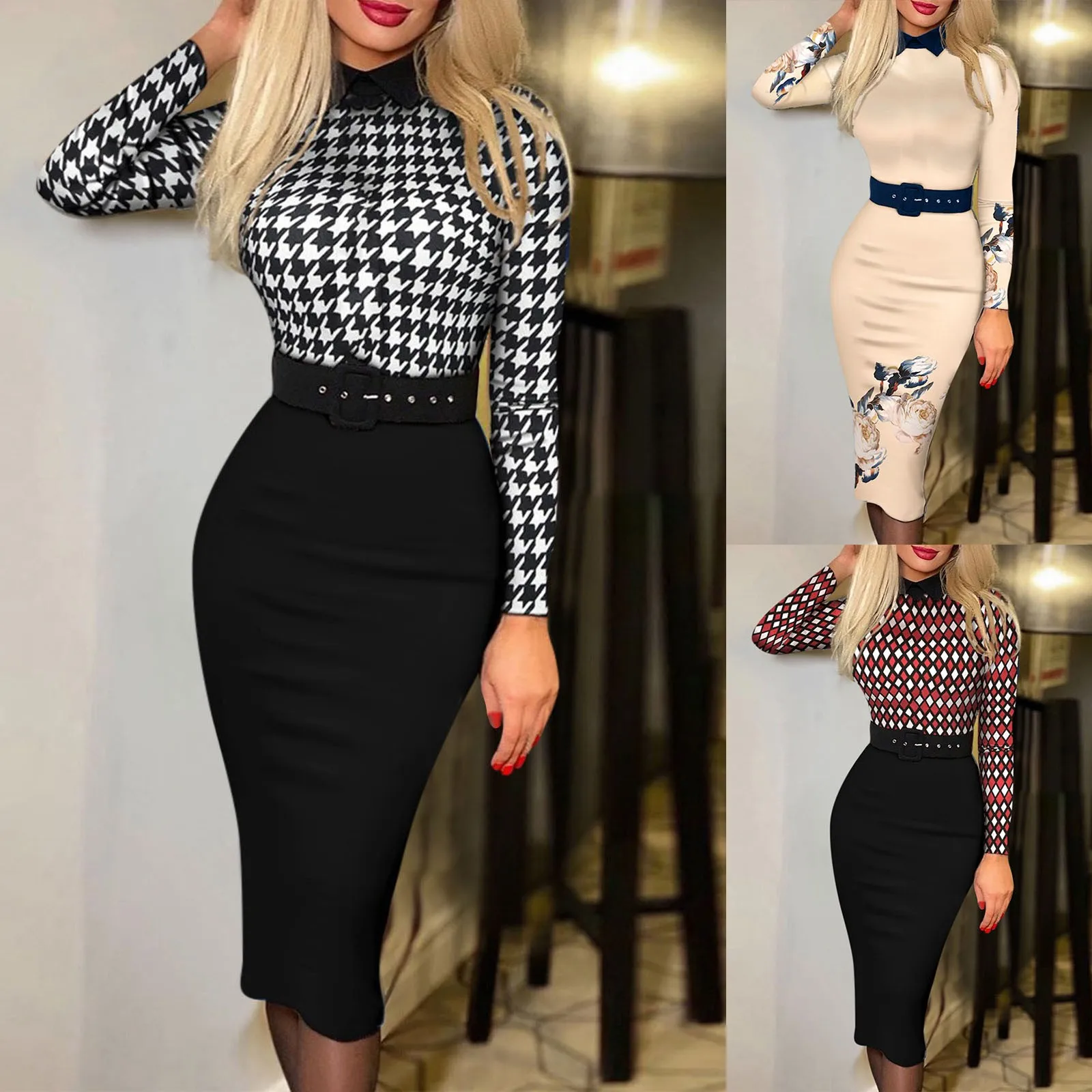 Elegant Women's Fashion Polka Dot Print V-Cut Long Sleeve  Work Dress Elegant DressOffice Lady Vestido Evening Party Clothes wedding dresses