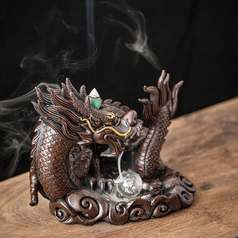 LED Dragon Backflow Incense Burner Resin Smoke Waterfall Incense Holder Censer with 20Pcs Incense Cones Home Decoration Craft