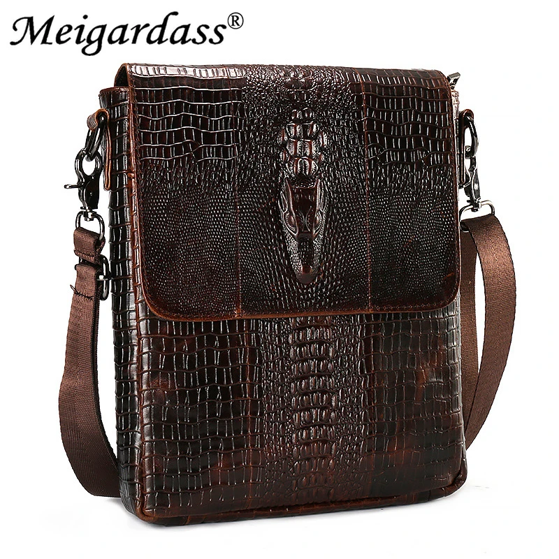 Crocodile Pattern Genuine Leather Men Messenger Bag Vintage Flap Shoulder Bags for Male iPad Handbags Travel Crossbody |