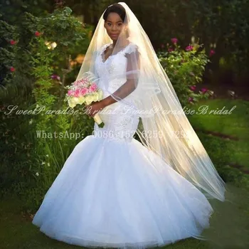 

2020 Mermaid Lace Wedding Dress With Appliques Vintage Deep V Neck Women White Tulle Long Sweep Train Bridal Dresses Vestidos