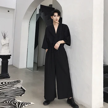 

One piece black suit new loose style waist width 9-point collar high leg pants summer men's texture V simple