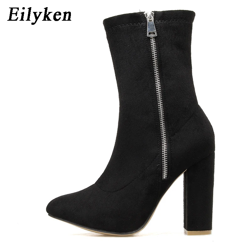 Black Eilyken/женские классические ботинки осенне-зимняя Дамская обувь на высоком каблуке с боковой молнией пикантные женские офисные туфли-лодочки с квадратным носком размеры 41, 42 - Цвет: Black