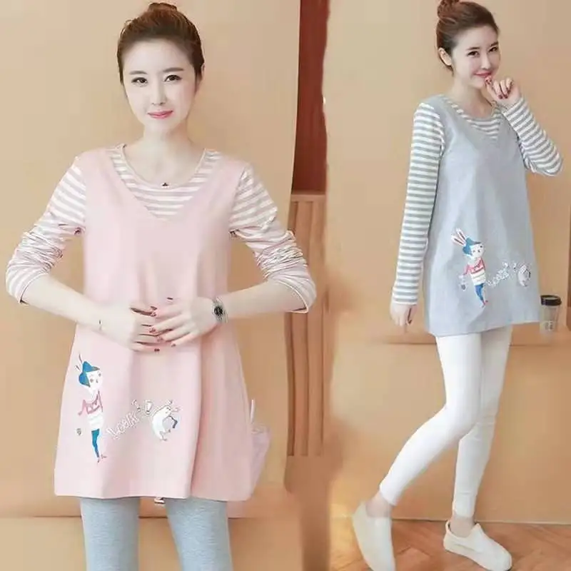 

2020 Maternity Clothes Spring And Autumn Large Size Printed WOMEN'S Dress Loose-Fit Mock Two-Piece Tops Casual Cotton A- line Dr