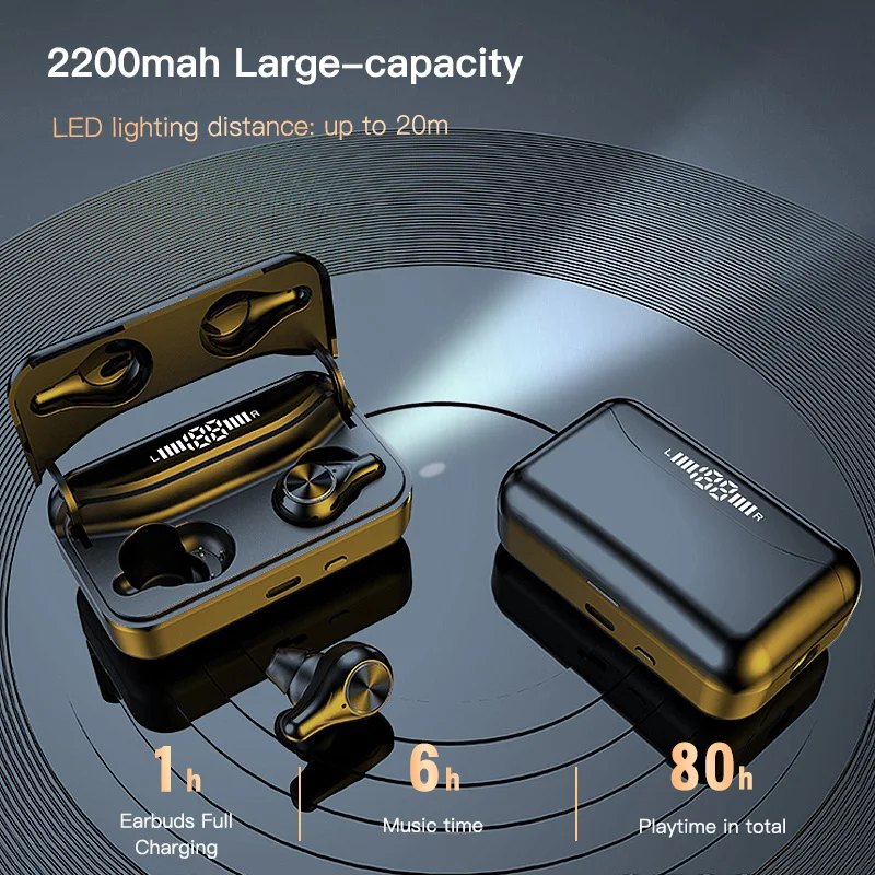 FBYEG TWS Wireless Bluetooth Earphones Stereo Bass Sports IPX6 Waterproof Headsets 2200mAh Charging Case Earbuds With Microphone