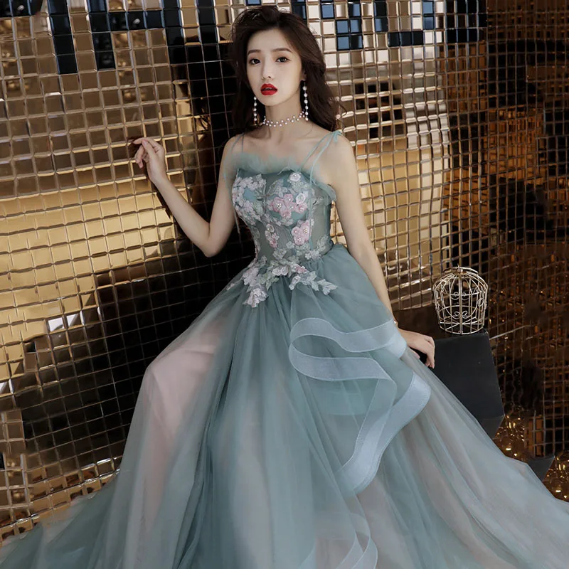 

Green Evening Dresses K304 Boat Neck Formal Gown Sleeveless Sling Women Party Gown A-Line Robe De Soiree Appliques Elegant Dress