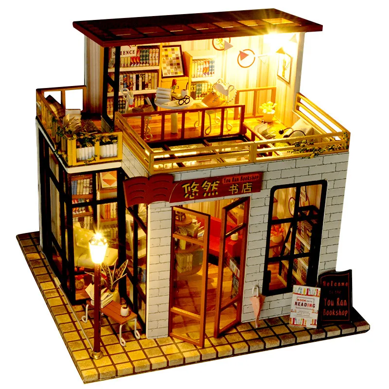

Bookshop Store Miniature Dollhouse Furniture Kits DIY Wooden Dolls House Model LED Lights 3D Puzzle Toy Home Decor Birthday Gift
