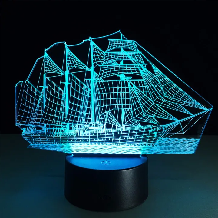Sail Boat-3D Оптическая иллюзия Новинка Настольная лампа Красивая Морская Лодка Форма 7 цветов сенсорный ночник USB