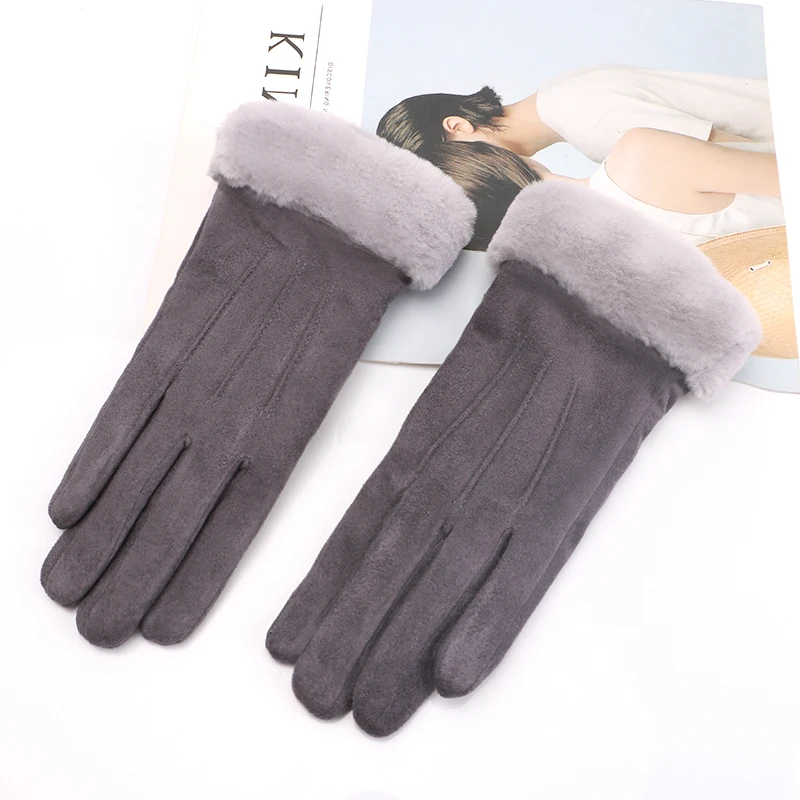 Зимние Модные женские толстые теплые замшевые с мехом замшевые флисовые перчатки для сенсорного экрана для вождения элегантные плюшевые перчатки для женщин