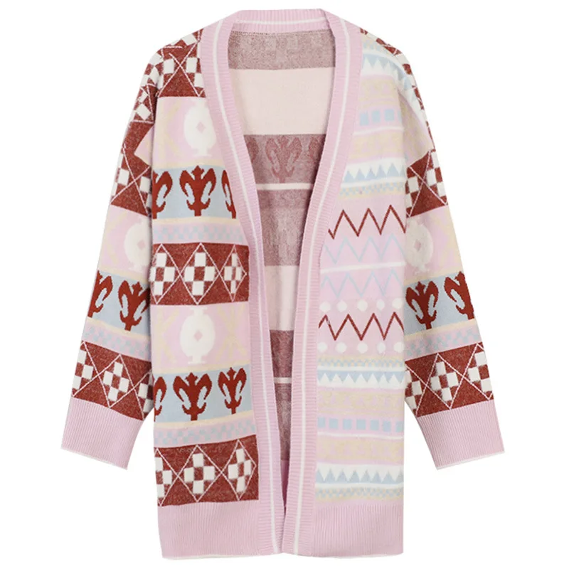 

2019 Autumn Sweater New Collision Jacquard Embroidery Medium and Long Sleeved Loose Purple Knitted Cardigan Women Sweater