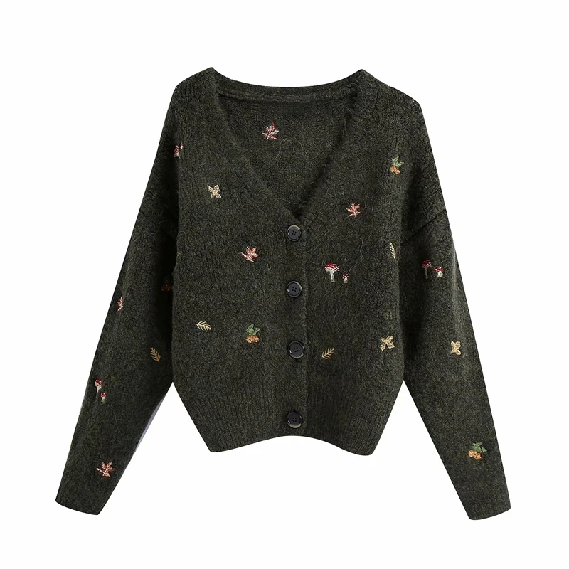 

2020 Fashion Ladies Chic Embroidered Floret Dark Green Sweater Knitted Cardigan Comfortable V-neck Soft Loose Coat