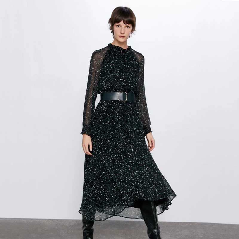 

AGong Casual O Neck Dresses Women Fashion Loose Patchwork Dress Women Elegant Tie Belt Waist Mid Calf Dresses Female Ladies LM