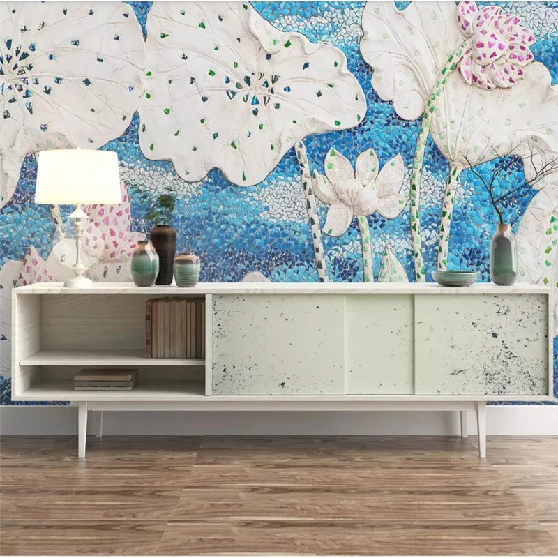 Beibehang-3D-three-dimensional-embossed-lotus-background-wall-fresh-and-elegant-new-Chinese-custom-large-mural