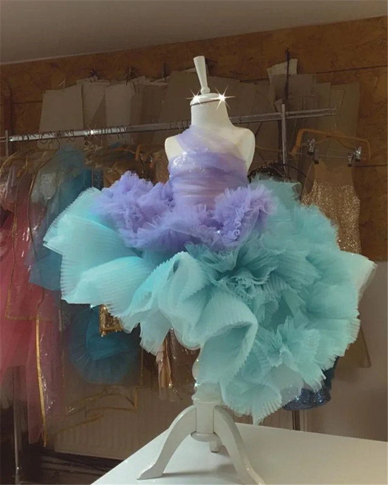 

Puffy Flower Girl Dresses For Wedding Party Sequined Top Tiered Organza Kid First Birthday Dress Performance Costumes