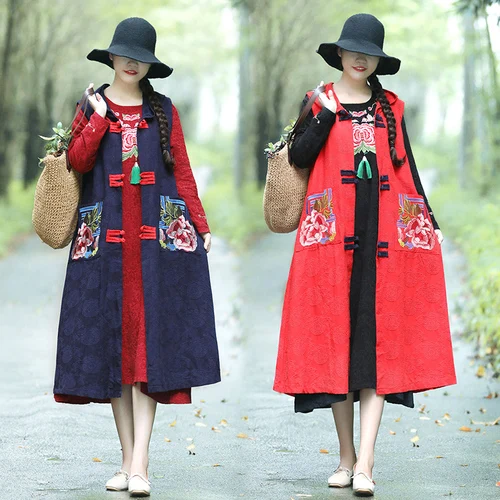 

2019 Autumn New Jacquard Embroidery Jacket Chinese Style Broadcloth Sleeveless Turn-down Collar Trench Coat Embroidery Windbreak