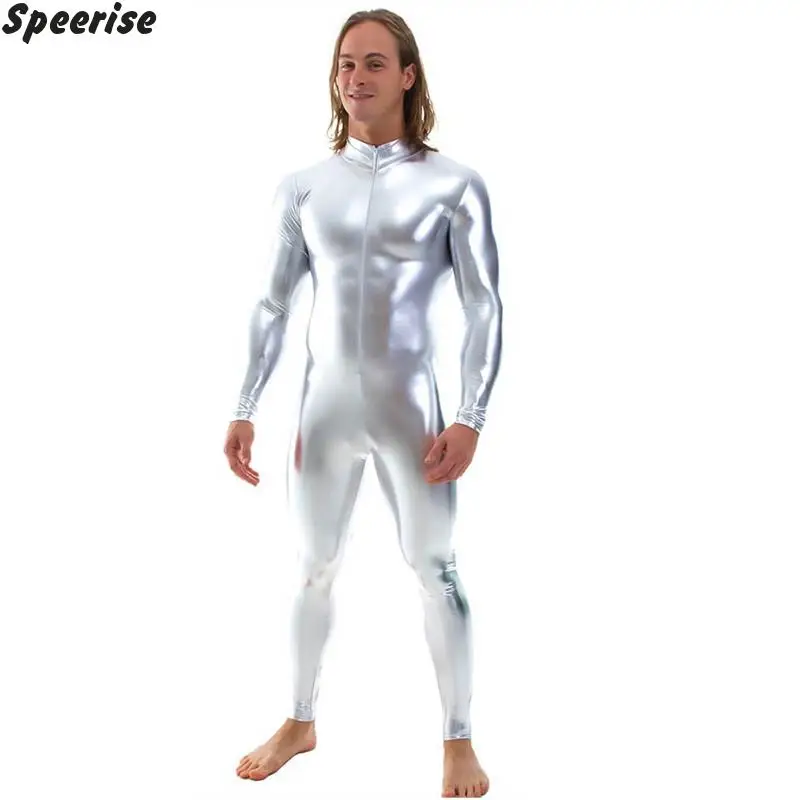 Shiny Metallic Zentai Bodysuit Men Long Sleeve Front Zip Unitard Costumes Ballroom Performer Nightclub Onstage Dancewear
