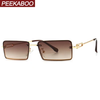 

Peekaboo thin rectangular sunglasses for men metal frame narrow male square sun glasses for women retro uv400 brown frameless