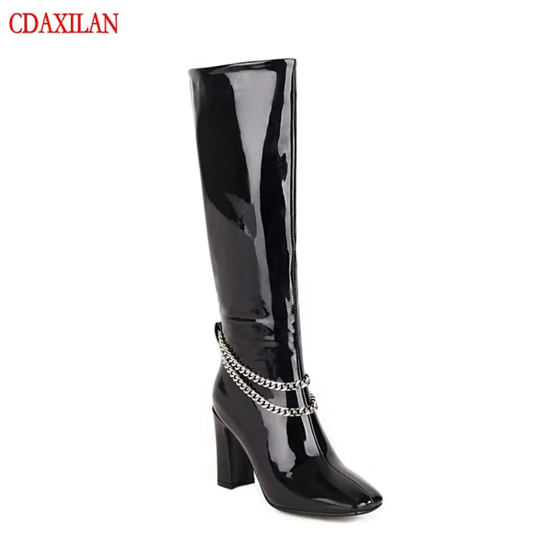 CDAXILAN NEW arrivals Riding equestain boots women's Patent leather side zipper high-heel knee-high boots winter warm boots