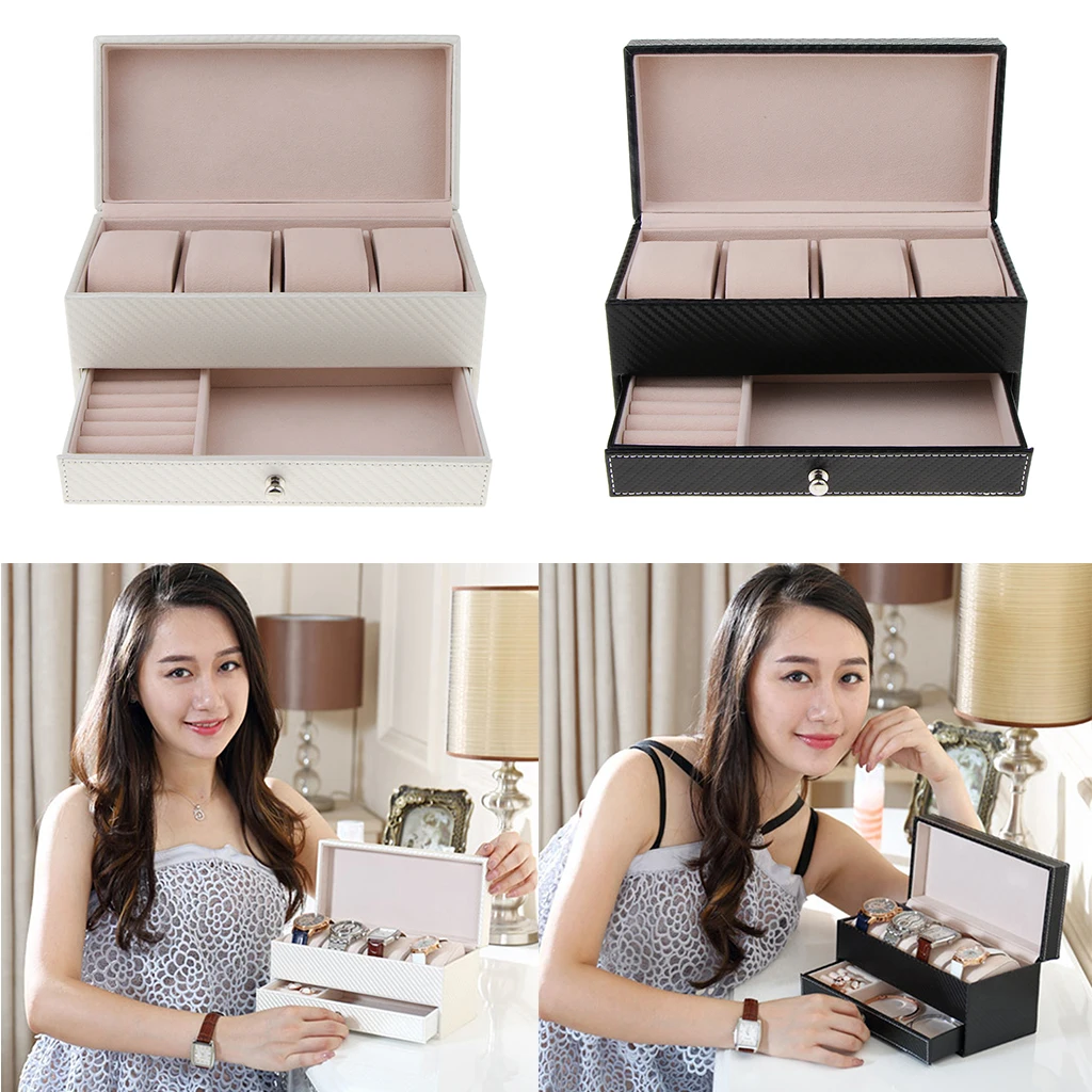 

Men's Watch Box, 4 Slots PU Leather Case Organizer with Jewelry Drawer for Storage and Nice Watch Display