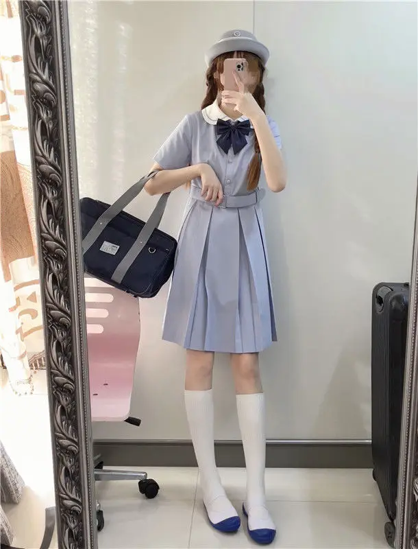 Harajuku Sailor Collar Navy Dress Japanese Lolita Sweet Bow-knot Girl Retro Cotton Kawaii Preppy Style Short Sleeve Dress Women