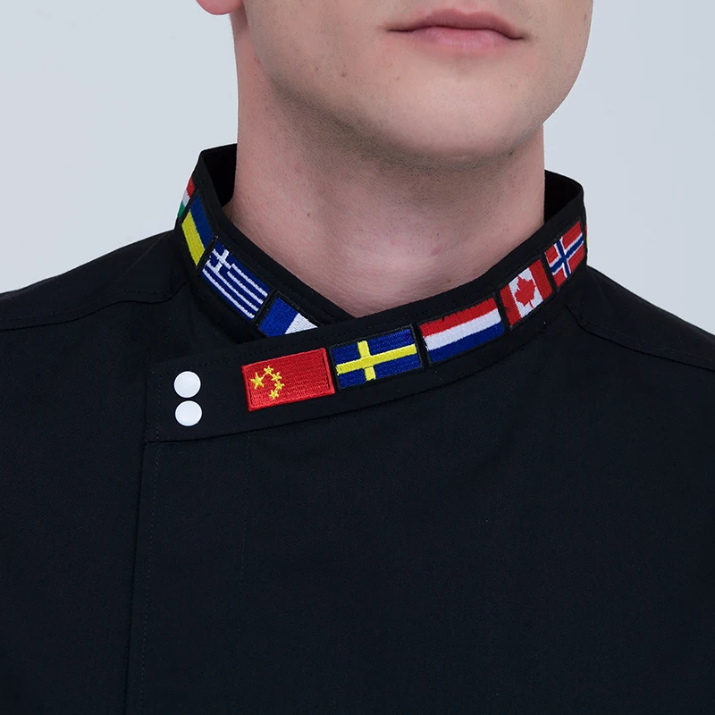 Chef Uniform High Quality Black White M-4XL Women Men Short-sleeve Oblique Embroidery Collar Kitchen Hotel Chef Jacket