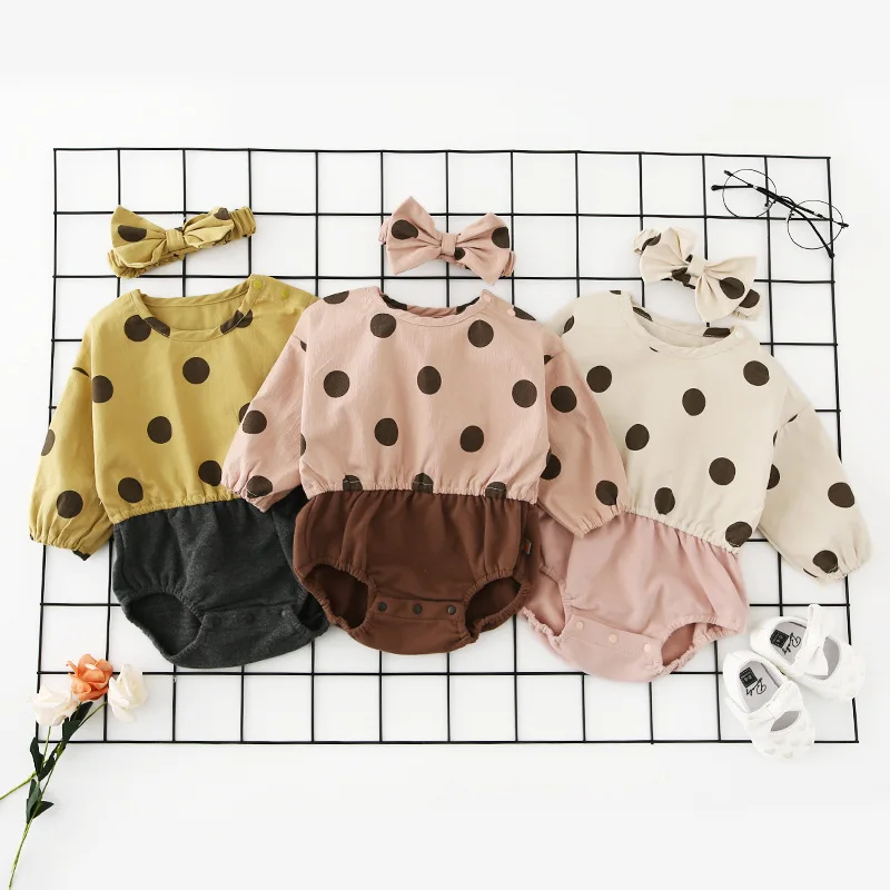 Милый комбинезон принцессы в горошек для девочек Сезон осень-зима Хлопковое боди