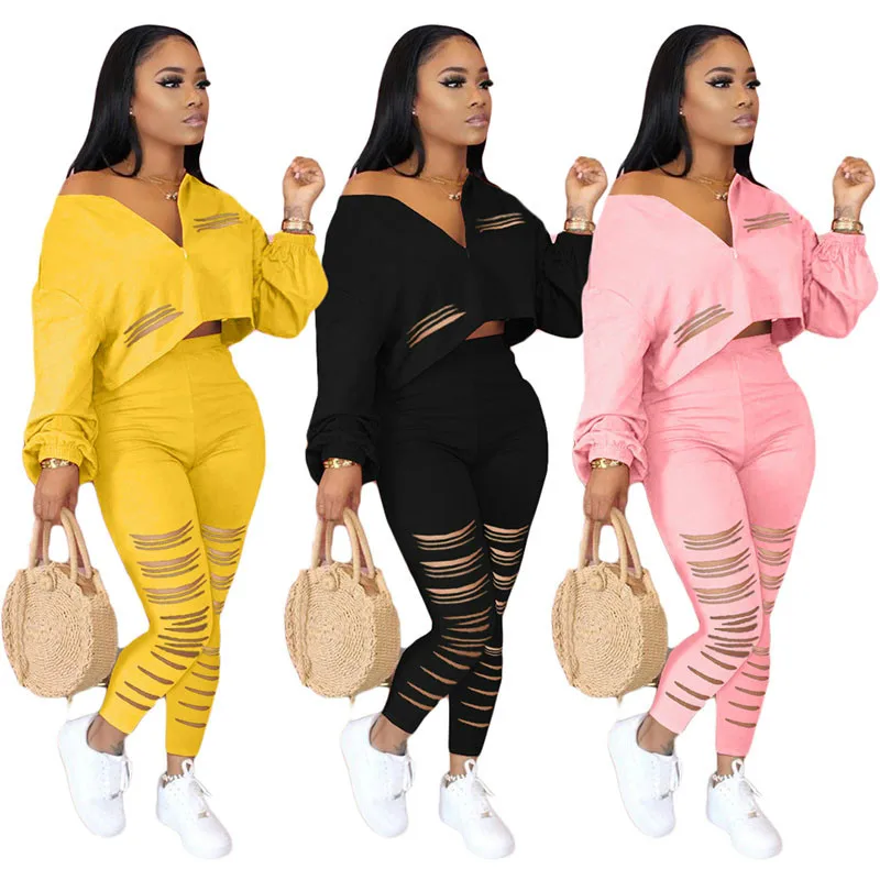 

Autumn Women's Casual Suit Hot Selling European and American Solid Color Hole Long-Sleeved T-shirt Pencil Pants Two-Piece Set