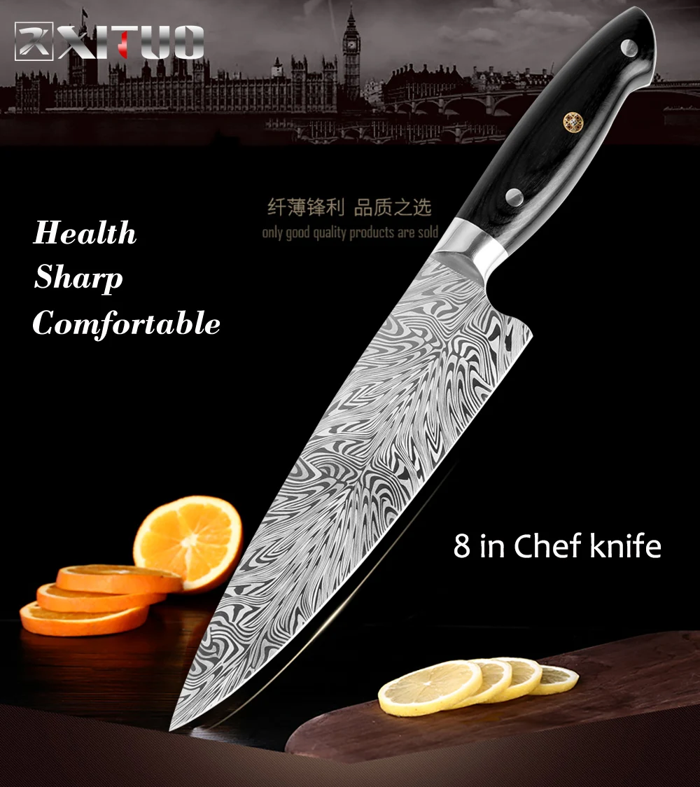 New High quality Damascus Feather Pattern Knife Chef Knives Laser Damascus steel Santoku kitchen Knives Sharp Cleaver Slicing - Цвет: 8 inch chef knife