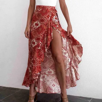

Women's Floral Ruffle Skirts High Waist Boho Beach Long Skirt Female Summer 2020 Fashion irregular Sweet Skirts For Women