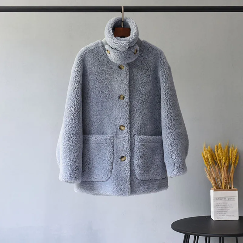 blue Гранулы овец сдвига пальто женский ягненка короткие волосы мех один MN098 - Цвет: blue
