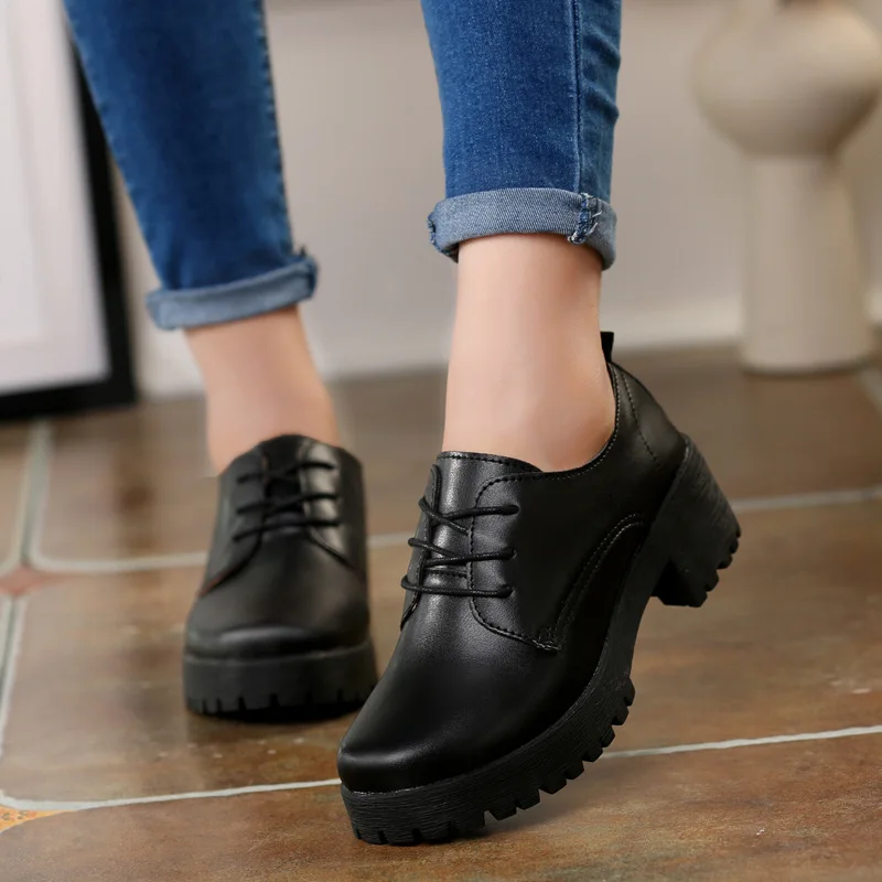 

2019 Autumn And Winter Korean-style British-Style Small Leather Shoes Semi-high Heeled WOMEN'S Shoes Casual Chunky-Heel Shoes Wo
