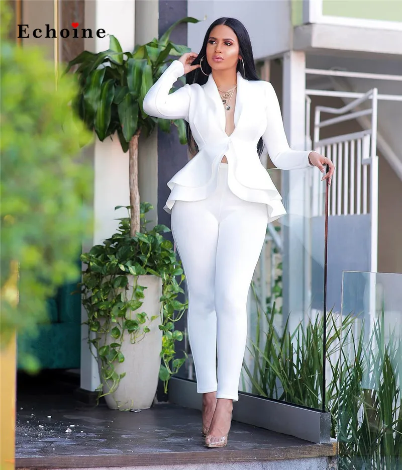 

Elegant Women Office Suit Sexy Cascading Ruffle Tops Inner Button Casual Blazer Two Piece Set Long Pants Streetwear Lady Outwear