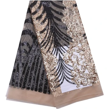 

French Golden Sequins Lace Fabric 5Yards Nigerian Tulle Lace Cloth High Quailty African Lace Fabric For Party Wedding DressA1758