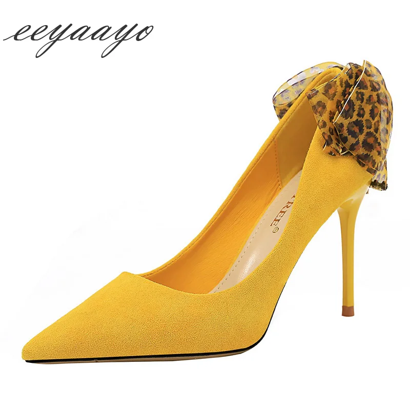 

2019 New Women Pumps High Thin Heel Pointed Toe Shallow Butterfly-Knot Sexy Office Ladies Women Shoes Yellow High Heel Footware