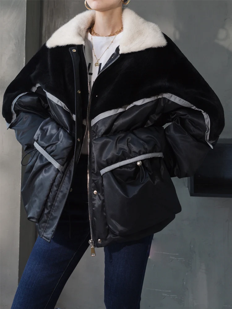 

2020 winter new mink fur collar real sheepskin fur one-piece splicing down jacket fur coat bright strips