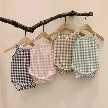 

Facejoyous Baby Girl Bodysuit Sleeveless Newborn Boy Clothes Baby Cute Plaid Vest Jumpsuit 0-24M