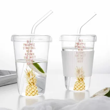 

Nordic Simple Glass Straw Mug With Lid Airtight Transparent Pineapple Pattern Summer Milk Water Cup Heat Resistant Microwave Fre