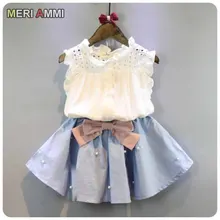MERI AMMI/комплект одежды для маленьких девочек, кружевная футболка без рукавов, топ с цветочным рисунком+ юбка с бантом, верхняя одежда для От 2 до 11 лет, детей