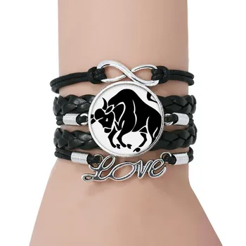 

Constellation Taurus Zodiac Sign Bracelet Love Black Twisted Leather Rope Wristband