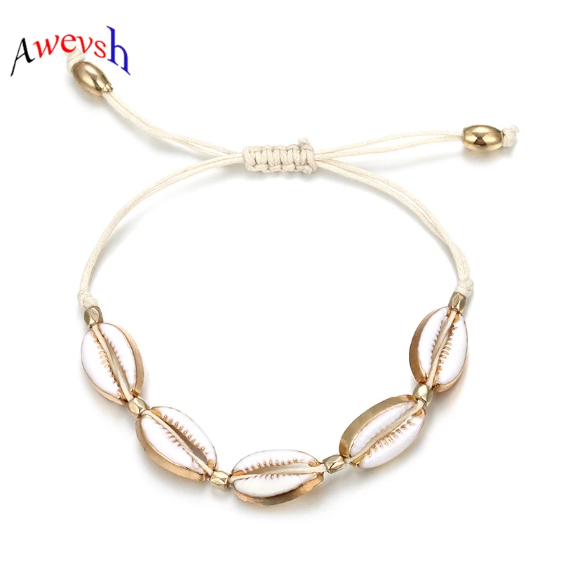 

Awevsh 2019 NEW Gold Color Cow Shell Bracelets for Women Delicate Rope Chain Bracelet Bead Bracelet Bohemian Beach Jewelry