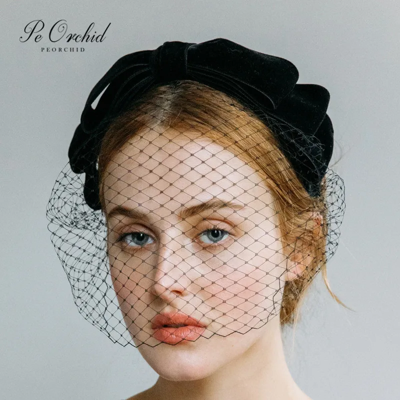 PEORCHIDSimpleBlackBirdcageVeilBlusherVeilShortHeadbandFace