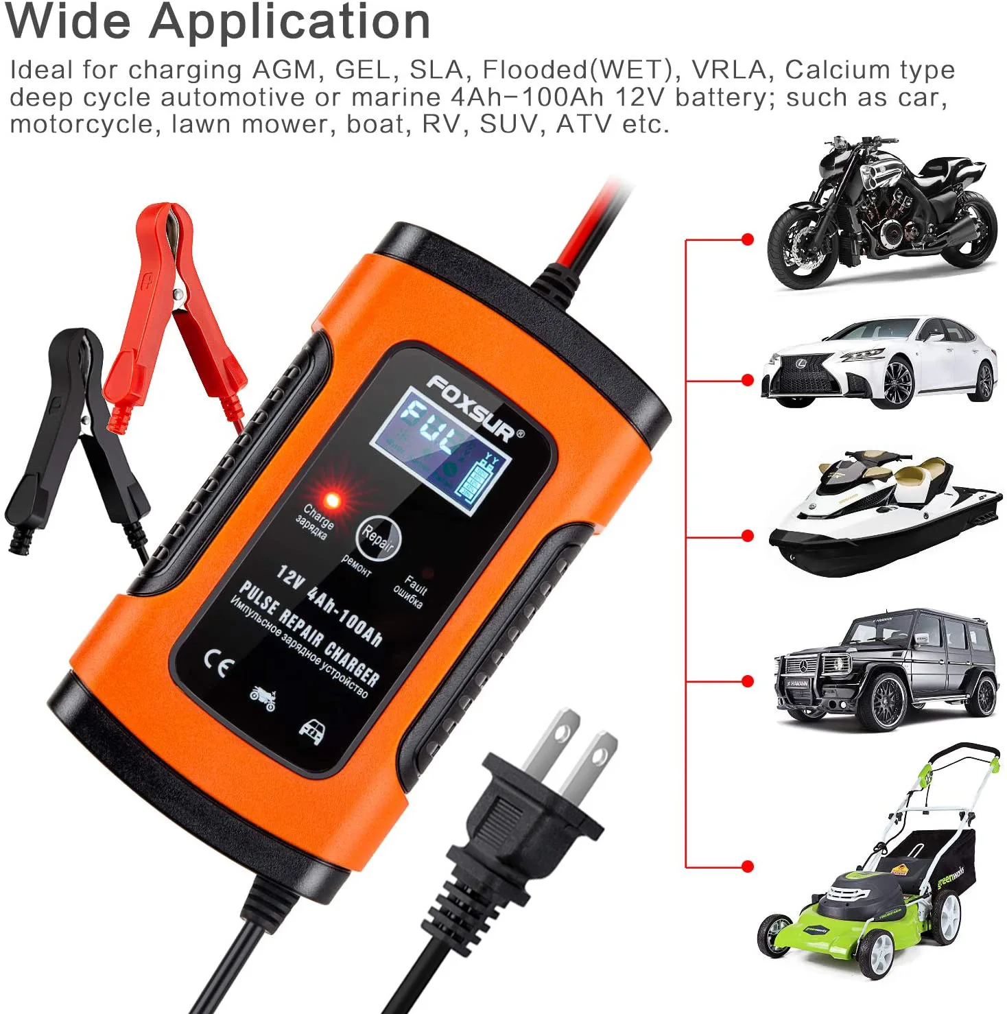 12V 7-Stage Pulse Repairing Charger with LCD Display Motorcycle & Car Battery Charger AGM GEL WET Lead Acid Battery Charger