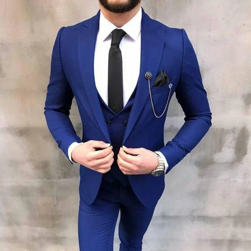 Королевский синий для мужчин костюмы Slim Fit Повседневная Стиль свадебный смокинг 3