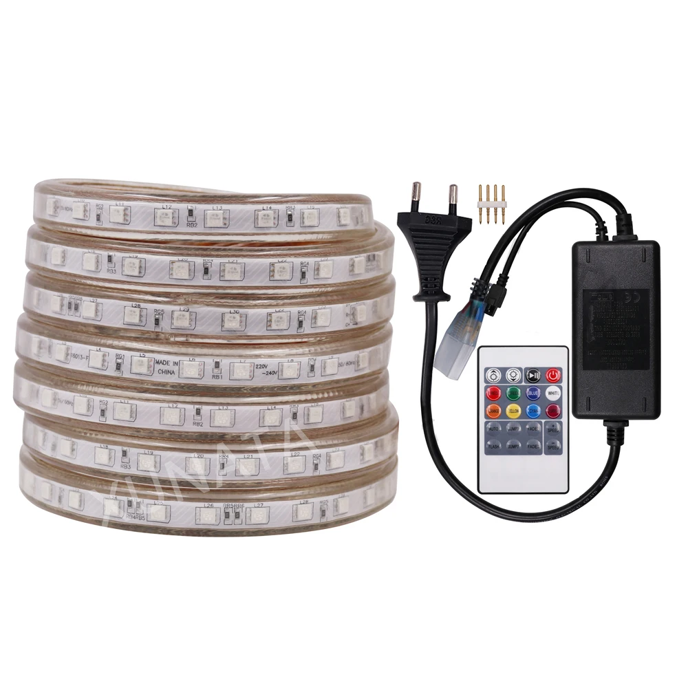 

RGB LED Strip Light 5050 SMD 220V 240V AC Remote Control 60LEDs/m Flexible LED Rope Lights Waterproof Flex Tape Home Decoration