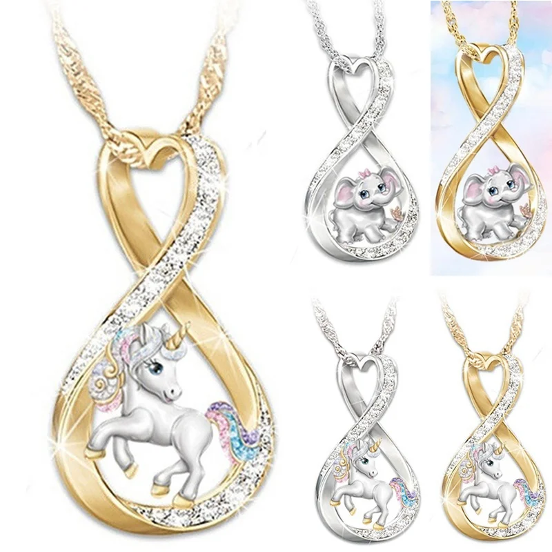 

VILAGE 18K Gold Cute Unicorn Elephant Pendant Necklace Heart Diamond Necklace for Women Girls Fashion Jewelry Gifts