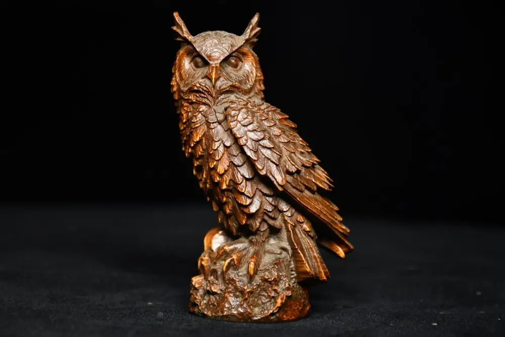 

5" China Lucky Seikos Boxwood Owl statue Strigiformes statue Because its face looks like a cat wood carving