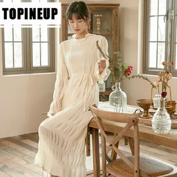 

Spring Women's Elegant solid color Lantern sleeve Vintage Over the knee pleated long dress