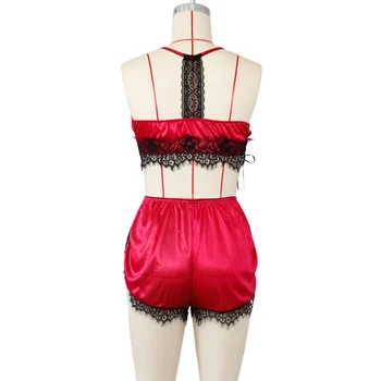 

Women sexy lingerie Sleepwear Sexy Satin Set Lace V-Neck Pyjamas Sleeveless Cute Cami Top and Shorts HOT
