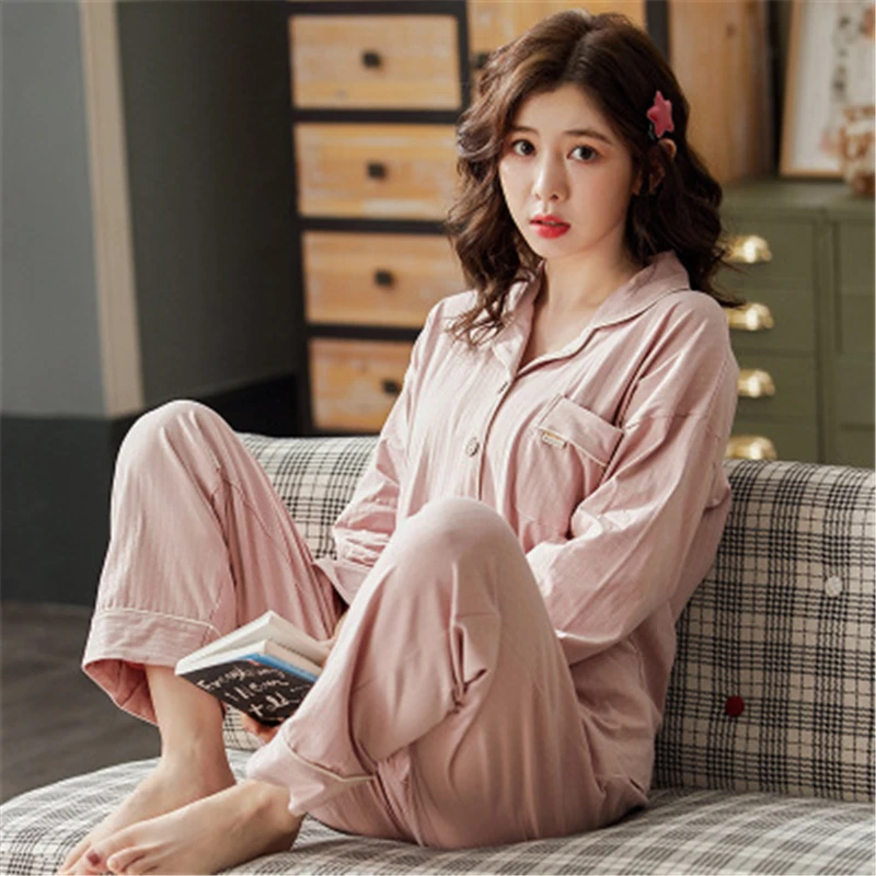 

Girls Large Size Homewear Long Sleeve Casual Sleepwear M-XXXL New Women Winter Pajamas Turn-down Collar Cotton Nightwear