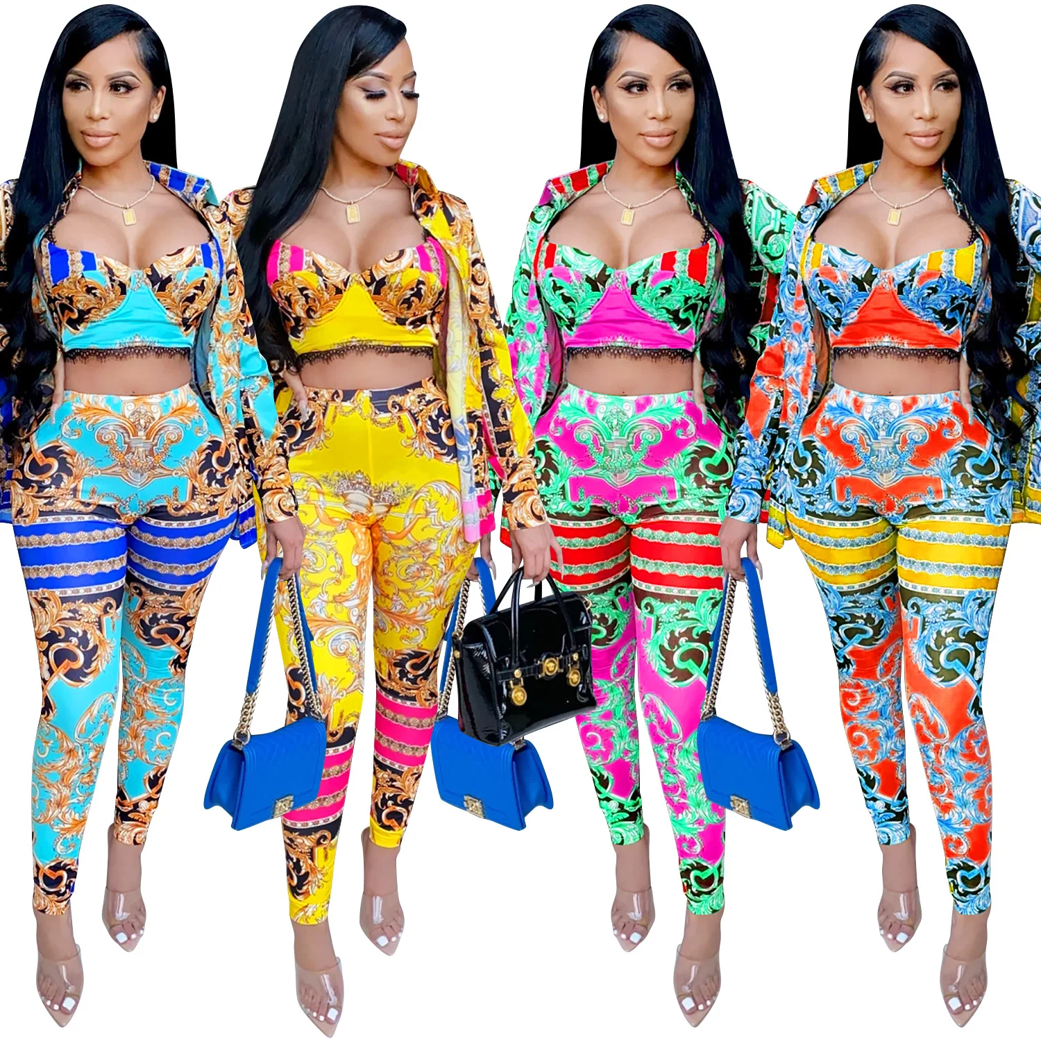 Pants Set Outfit Leggings Suit Cloak Pencil Crop-Top Two-Piece-Set Long-Sleeve Print
