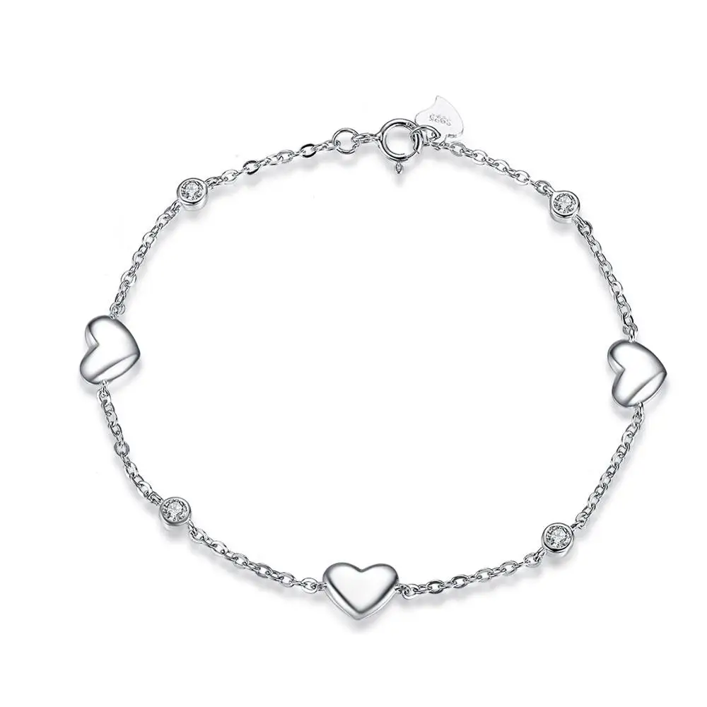

925 Sterling Silver Rhodium Plated Bracelet for Women with 3 Pieces Genuine 925 Silver Heart Charm Bracelets Party Jewelry SB02